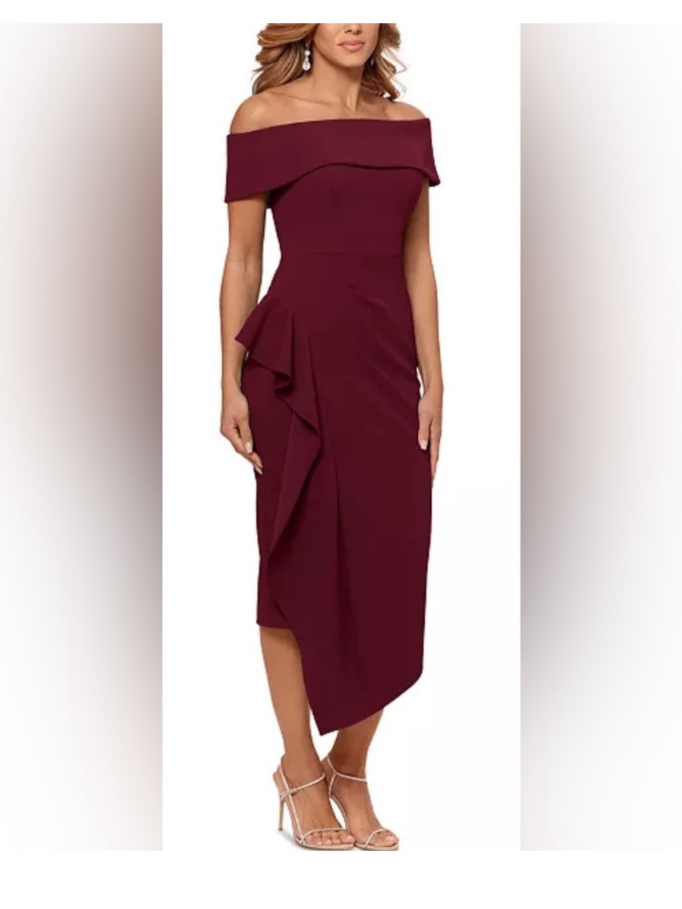 Betsy & Adam | Off The Shoulder Midi Cocktail Dress Ruffle Burgundy Size 12